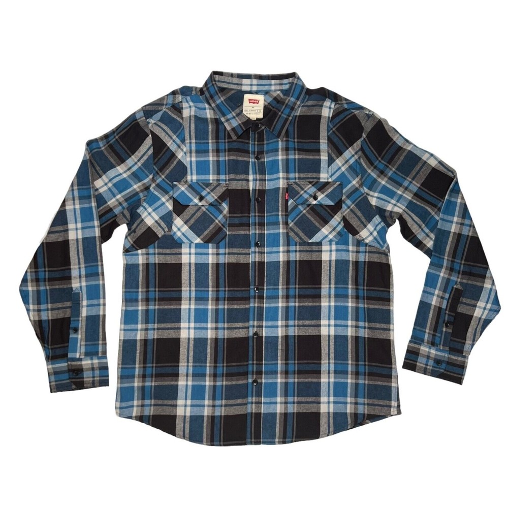 NWT Levi's Adult 2XL Blue, Gray, & Black Plaid Button Up Flannel Casual Shirt